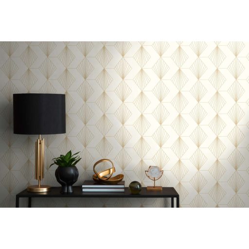 Kapcsolatban álló "sugárirányban" mintázott rombuszok mintája fehér/krémfehér fémes aranybarna mintarajzolat tapéta