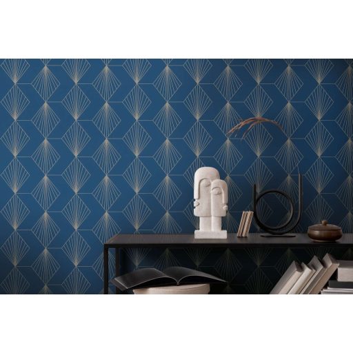 Kapcsolatban álló "sugárirányban" mintázott rombuszok mintája sötétkék fémes szürkésbarna mintarajzolat tapéta