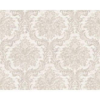   Elegáns klasszikus barokk díszítőminta vászonhatású alapon krém bézs szürkésbézs és szürke tónus tapéta