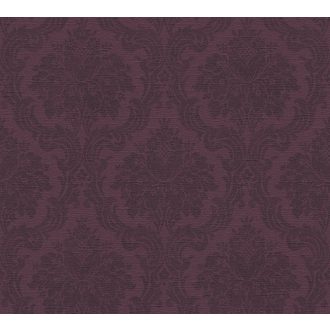   Klasszikus és stílusos dörzsölt hatású damaszt motívum érdes háttéren padlizsánlila és sötétlila tónus tapéta