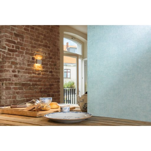 Vintage stílusú egyszinű textilstruktúra zöldeskék/türkiz tónus tapéta