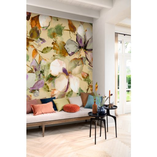 Falra "termesztett" óriás magnóliák akvarell panorámája krémfehér lágy lila élénk narancs sötétzöld és rózsaszín tónus falpanel