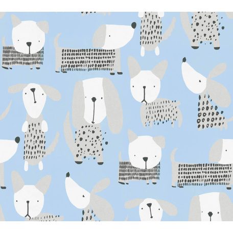 Gyerekszobai grafikus kutyusok kék szürke fehér ezüst fekete tapéta