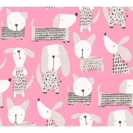 Gyerekszobai grafikus kutyusok pink fehér bézs szürke ezüst fekete tapéta