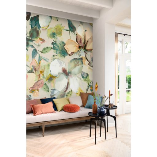 Falra "termesztett" óriás magnóliák akvarell panorámája krémfehér puderrózsaszín smaragdzöld sárgás lime olívzöld és borostyán falpanel