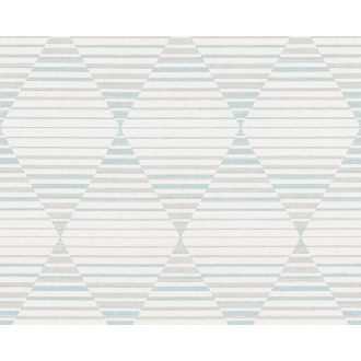   Vízszintes sávokkal tagolt rombuszok geometriai minta törtfehér világoskék és szürkésbézs tónus tapéta
