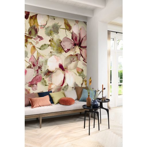 Falra "termesztett" óriás magnóliák akvarell panorámája krémes-bézs lángoló-mályva borvörös okker és olívzöld tónus falpanel