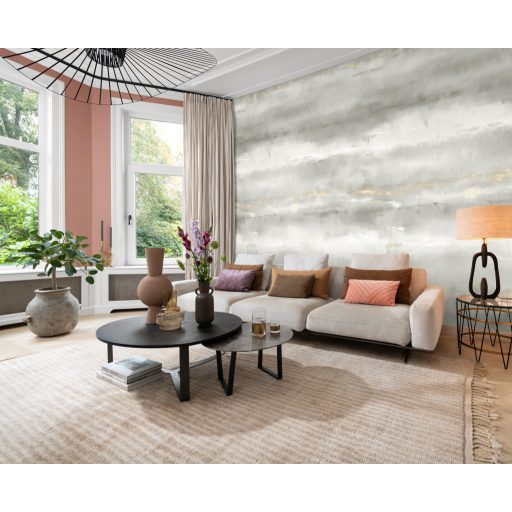 Absztrakt vízszintes mintázatú felhős ködös táj akvarell panoráma pasztellszürke fehér és arany tónus falpanel