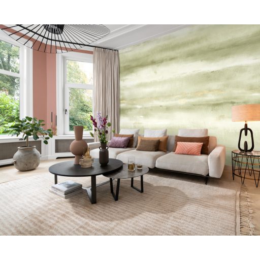 Absztrakt vízszintes mintázatú felhős ködös táj akvarell panoráma opálos-zöld fehér és arany tónus falpanel