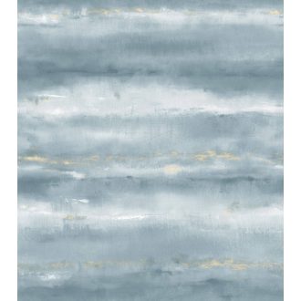   Absztrakt vízszintes mintázatú felhős ködös táj akvarell panoráma kék/türkizkék fehér és arany tónus falpanel