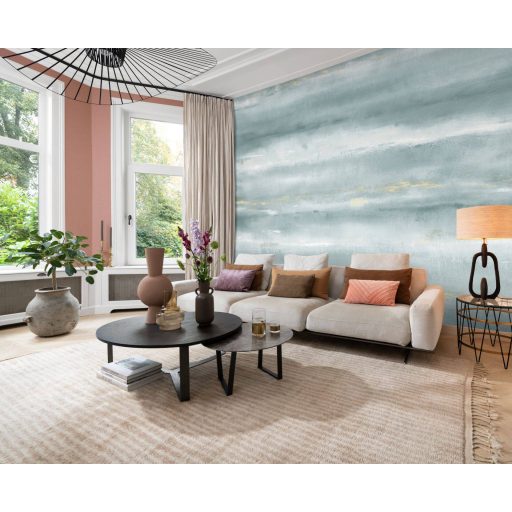 Absztrakt vízszintes mintázatú felhős ködös táj akvarell panoráma kék/türkizkék fehér és arany tónus falpanel