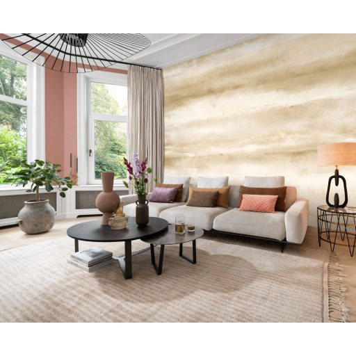 Absztrakt vízszintes mintázatú felhős ködös táj akvarell panoráma krémes-bézs fehér és arany tónus falpanel