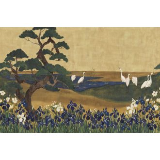   Edo-kori festészet modern újraértelmezése - harmonikus japán tájkép meleg okker tengerkék erdőzöld és fehér tónus falpanel