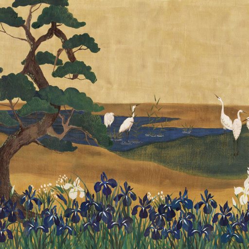 Edo-kori festészet modern újraértelmezése - harmonikus japán tájkép meleg okker tengerkék erdőzöld és fehér tónus falpanel