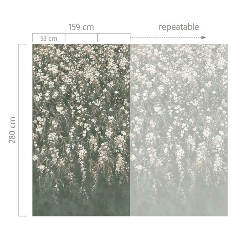 Függönyszerűen leomló virágfürtök (glicínia) és apró levelek kompozíció erdőzöld krémfehér és drapp tónus falpanel
