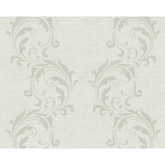   Klasszikus visszafogott indaminta textil háttéren szürkésfehér/világosszürke és szürke tónus tapéta