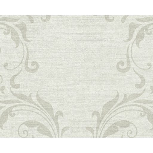 Klasszikus visszafogott indaminta textil háttéren szürkésfehér/világosszürke és szürke tónus tapéta