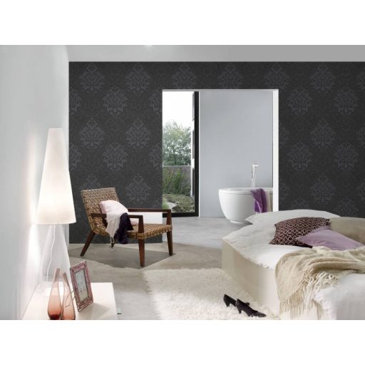 As-Creation Metropolitan Stories/Black is Beautiful 36898-4 barokk díszítőminta 3D antracit fekete ezüst csillámló hatású tapéta