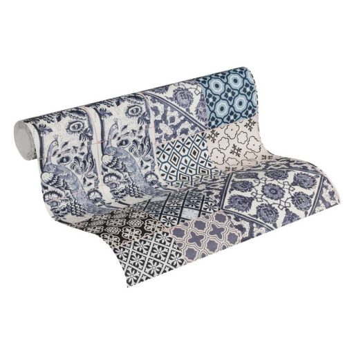 As-Creation Metropolitan Stories 36923-2 mediterrán csempedíszítés pávákkal 3D krémfehér krém bézs barna szürkéskék tapéta