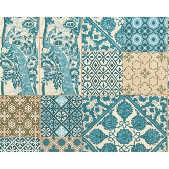   As-Creation Metropolitan Stories 36923-3  mediterrán csempedíszítés pávákkal 3D krémfehér türkiz bézs barna tapéta