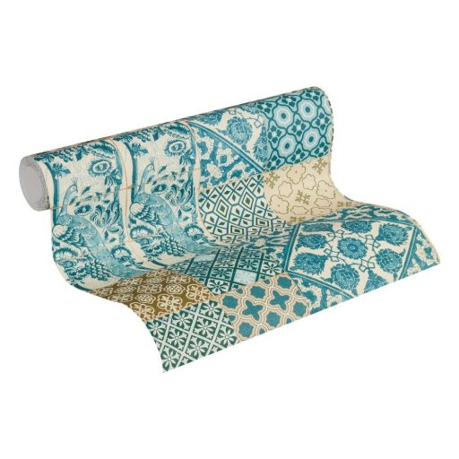 As-Creation Metropolitan Stories 36923-3  mediterrán csempedíszítés pávákkal 3D krémfehér türkiz bézs barna tapéta