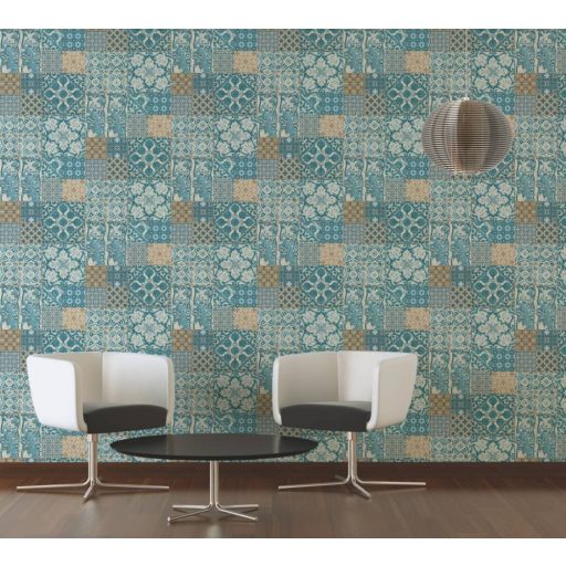 As-Creation Metropolitan Stories 36923-3  mediterrán csempedíszítés pávákkal 3D krémfehér türkiz bézs barna tapéta