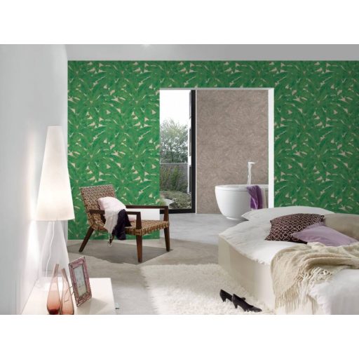 As-Creation Metropolitan Stories 36927-3  trópusi levélmintázat bézs zöld arany fémes hatás tapéta