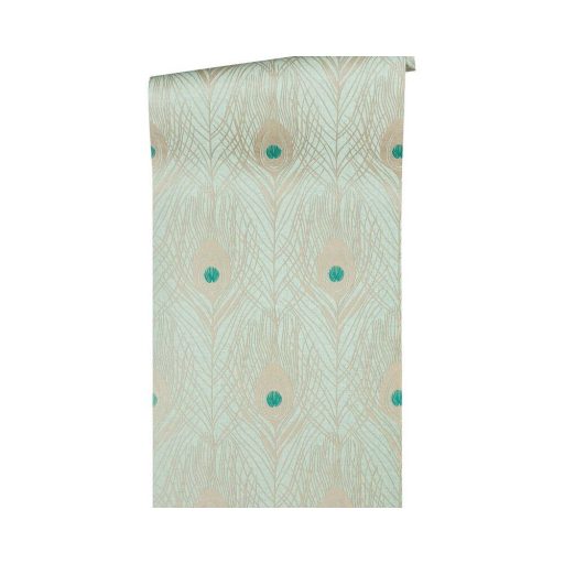 Architects Paper Absolutely Chic 36971-3  Natur pávatoll mintázat halvány menta bézsarany türkiz csillogó hatás tapéta