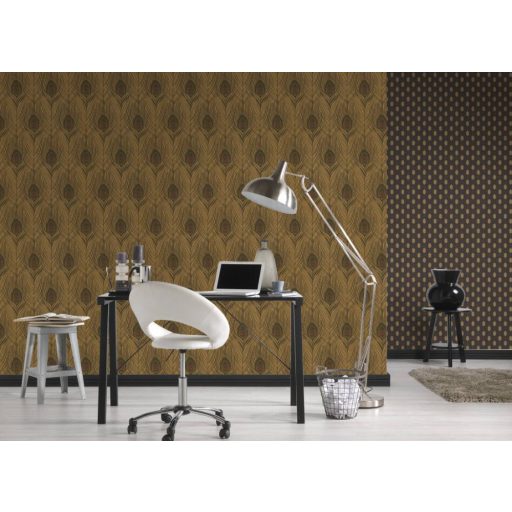 Architects Paper Absolutely Chic 36971-8  Natur pávatoll mintázat arany sötétbarna fekete csillogó hatás tapéta