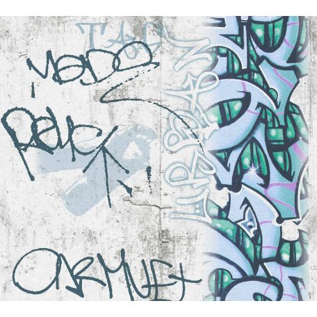 As-Creation  Boys and Girls 6, 36986-2 Gyerekszobai graffiti szürkésfehér kék zöld tapéta