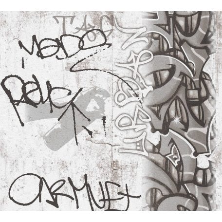 As-Creation  Boys and Girls 6, 36986-3 Gyerekszobai graffiti szürkésfehér szürke fekete tapéta