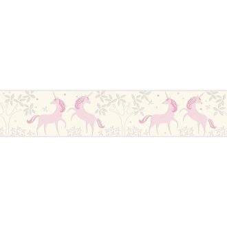 Gyerekszobai unikornis krémfehér rózsaszín szürke ezüst csillogó részletek bordűr