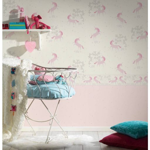 Gyerekszobai unikornis krémfehér rózsaszín szürke ezüst csillogó részletek bordűr