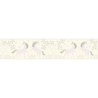 Gyerekszobai unikornis krémfehér halvány lila szürke ezüst csillogó részletek bordűr