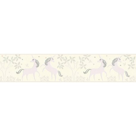 Gyerekszobai unikornis krémfehér halvány lila szürke ezüst csillogó részletek bordűr