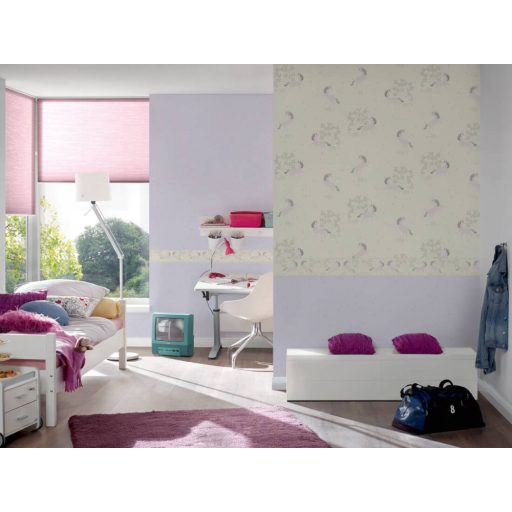 Gyerekszobai unikornis krémfehér halvány lila szürke ezüst csillogó részletek bordűr