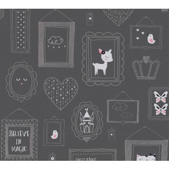 Gyerekszobai motívumok képkeretben sötétszürke rózsaszín ezüst csillogó részletek tapéta