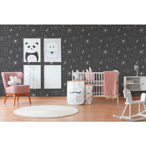 Gyerekszobai motívumok képkeretben sötétszürke rózsaszín ezüst csillogó részletek tapéta