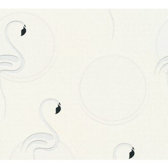 Gyerekszobai flamingó motívum fehér szürke fekete ezüst csillogó részletek tapéta