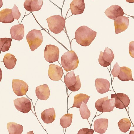 Natur levélmintázat karcsú ágakon akvarell levelek krémfehér narancs ó-rózsaszín tapéta