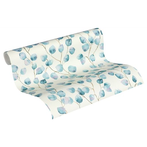 As-Creation Greenery 37044-4  Natur levélmintázat karcsú ágakon akvarell levelek krémfehér kék halvány lila tapéta