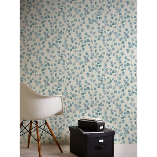 As-Creation Greenery 37044-4  Natur levélmintázat karcsú ágakon akvarell levelek krémfehér kék halvány lila tapéta