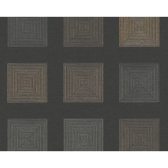   Etno ihletésű kazettás grafikus 3D minta sűrű koncentrikus négyzetekkel fekete arany és bronz tónusok fémes hatás tapéta
