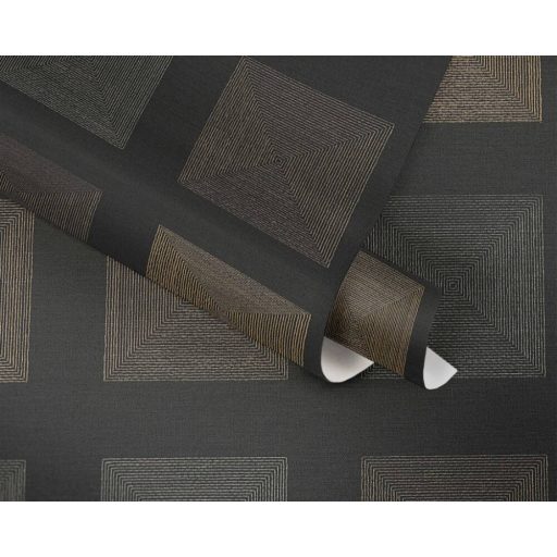 Etno ihletésű kazettás grafikus 3D minta sűrű koncentrikus négyzetekkel fekete arany és bronz tónusok fémes hatás tapéta