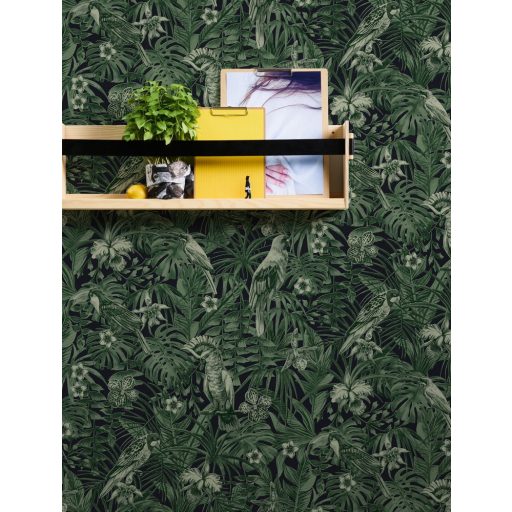 As-Creation Greenery 37210-1 Natur trópusi dzsungel életkép madarakkal fekete zöld tapéta