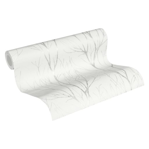 Téli természeti kép - fák ágai gallyai törtfehér világosszürke és ezüst fémes hatás tapéta