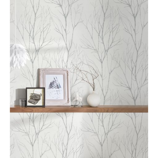 Téli természeti kép - fák ágai gallyai törtfehér világosszürke és ezüst fémes hatás tapéta