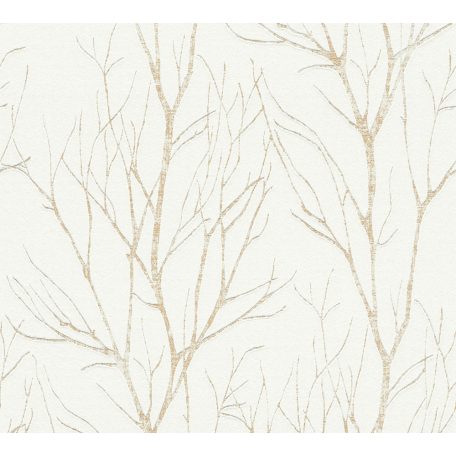Téli természeti kép - fák ágai gallyai törtfehér bézs és arany fémes hatás tapéta