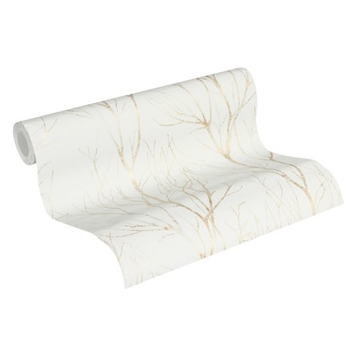 Téli természeti kép - fák ágai gallyai törtfehér bézs és arany fémes hatás tapéta