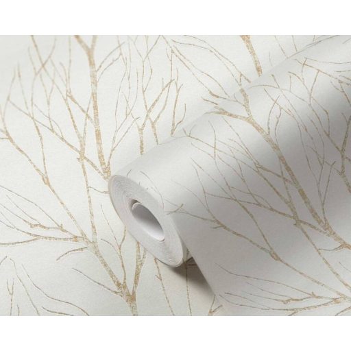 Téli természeti kép - fák ágai gallyai törtfehér bézs és arany fémes hatás tapéta